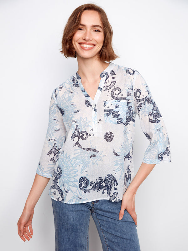 Printed Cotton Blend Half-Button Blouse - Feather