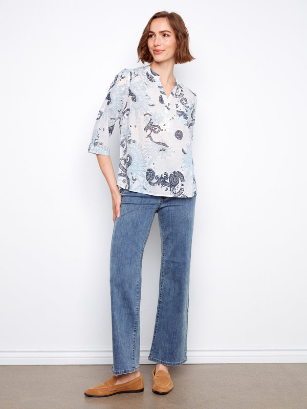 Printed Cotton Blend Half-Button Blouse - Feather