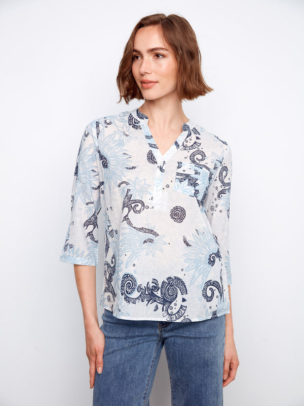 Printed Cotton Blend Half-Button Blouse - Feather