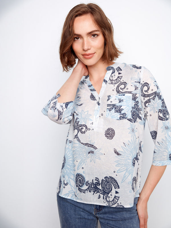 Printed Cotton Blend Half-Button Blouse - Feather