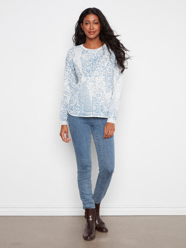 Printed Cotton Crew Neck Sweater - Damask