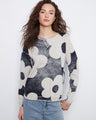 Navy and white graphic print sweater featuring drop shoulders and a crew neckline, crafted from 100% cotton by Charlie B.