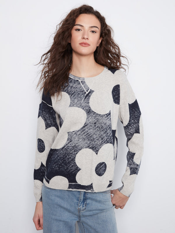 Printed Cotton Crew Neck Sweater - Navy