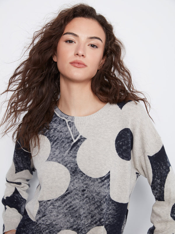 Printed Cotton Crew Neck Sweater - Navy