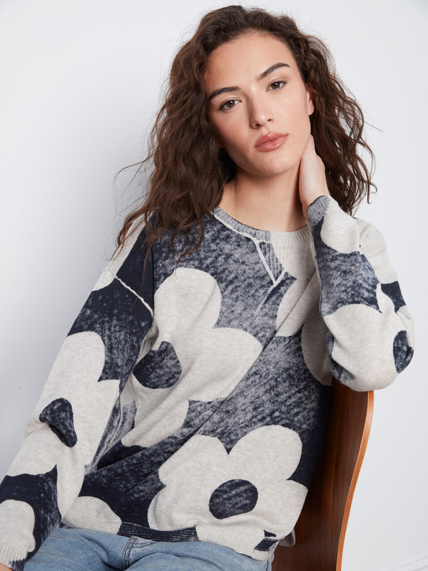 Printed Cotton Crew Neck Sweater - Navy