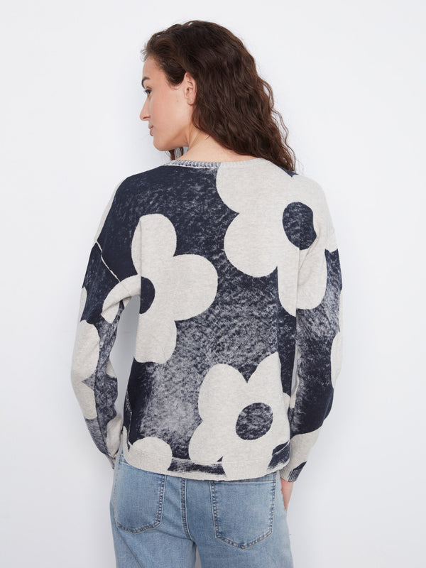 Printed Cotton Crew Neck Sweater - Navy