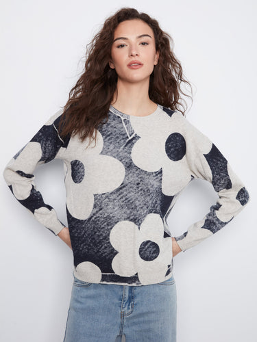Graphic printed navy-white sweater in soft cotton fabric, perfect for layering with its versatile crew neckline by Charlie B.