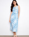 Blue patterned dress featuring a crew neckline, crafted from 100% cotton for comfort and breathability. By Charlie B.