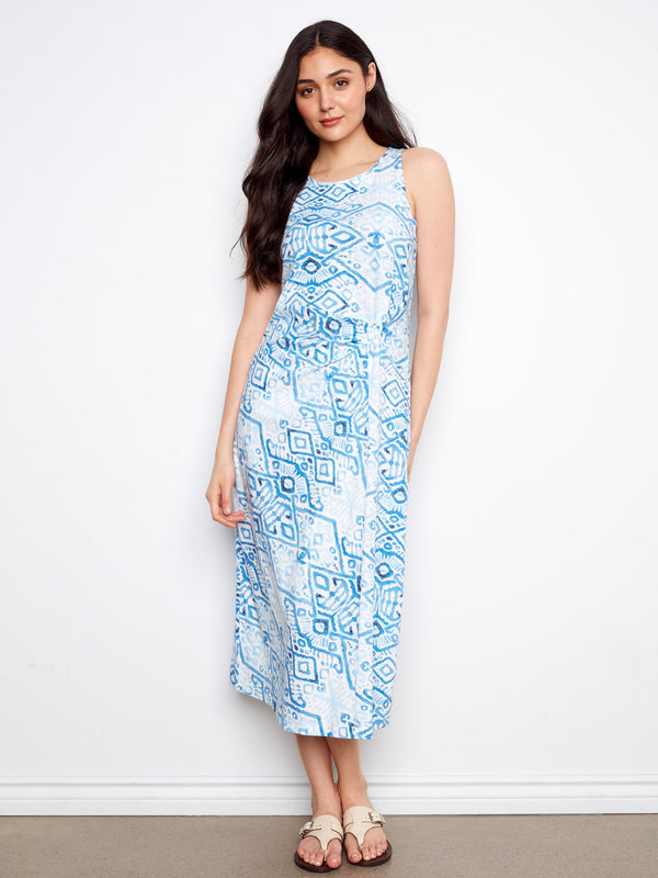 Printed Cotton Dress With Faux Knot Detail - Border