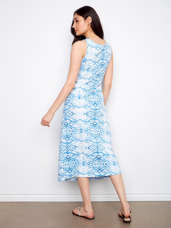 Printed Cotton Dress With Faux Knot Detail - Border