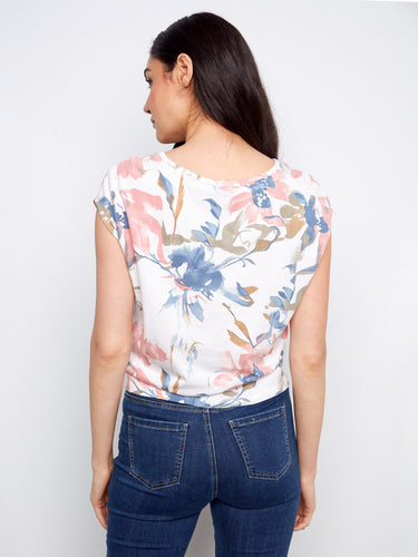 Charming floral printed top crafted from 100% cotton, designed with cap sleeves for ultimate comfort by Charlie B.