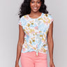 Cotton top with vibrant floral prints and a front knot detail by Charlie B.