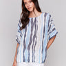 Surf and white blouse with a crew neck featuring wavy stripes by Charlie B.