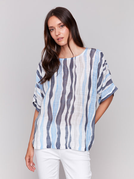 トップス OHGA PATTERN BLOUSE Printed Notched Half Sleeve Blouse – Blue Hawthorn Boutique