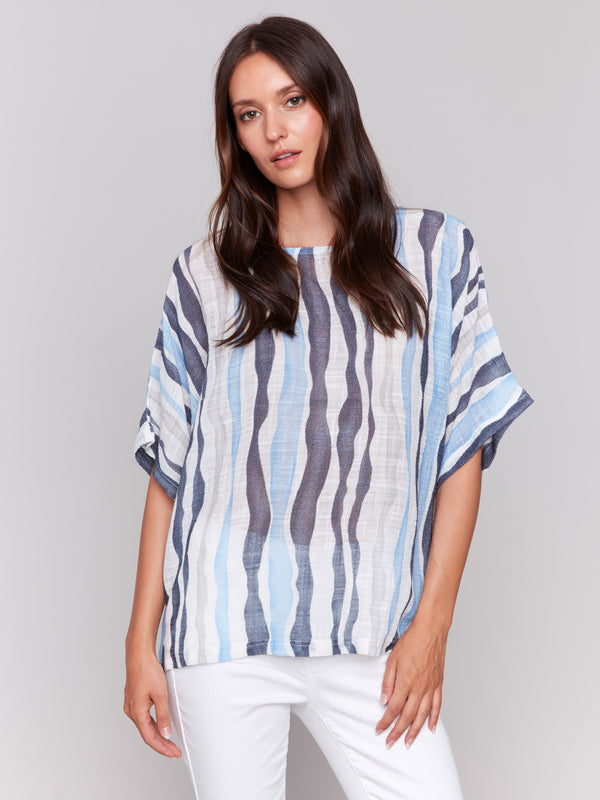 Relaxed fit blouse featuring surf and white stripes by Charlie B.