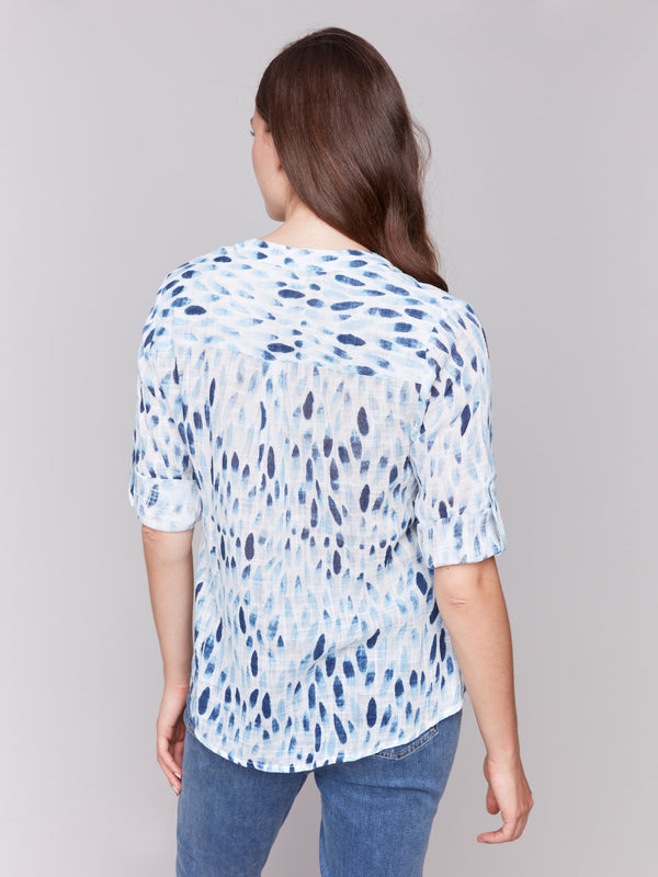 Abstract floral print on blue cotton gauze, Mao collar included, by Charlie B.