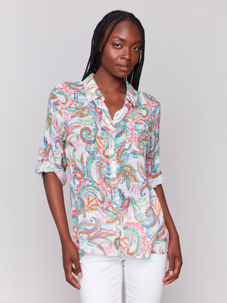 売れ筋商品|||チャータークラブ カットソー トップス レディース Women's Printed 100% Linen Roll-Tab Shirt, Exclusively at Macy's Confetti Pink Charter Club Women's Printed 100% Linen Roll-Tab Shirt