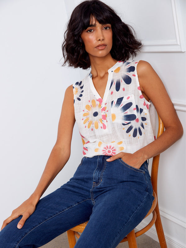 Printed Cotton Gauze Sleeveless Shirt - Daisies