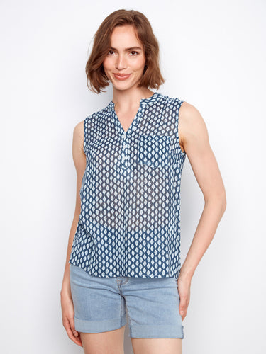 Henley neckline blouse in lightweight cotton gauze with an eye-catching geometric pattern by Charlie B.