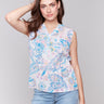 V-neck sleeveless top featuring an abstract pattern, crafted by Charlie B.