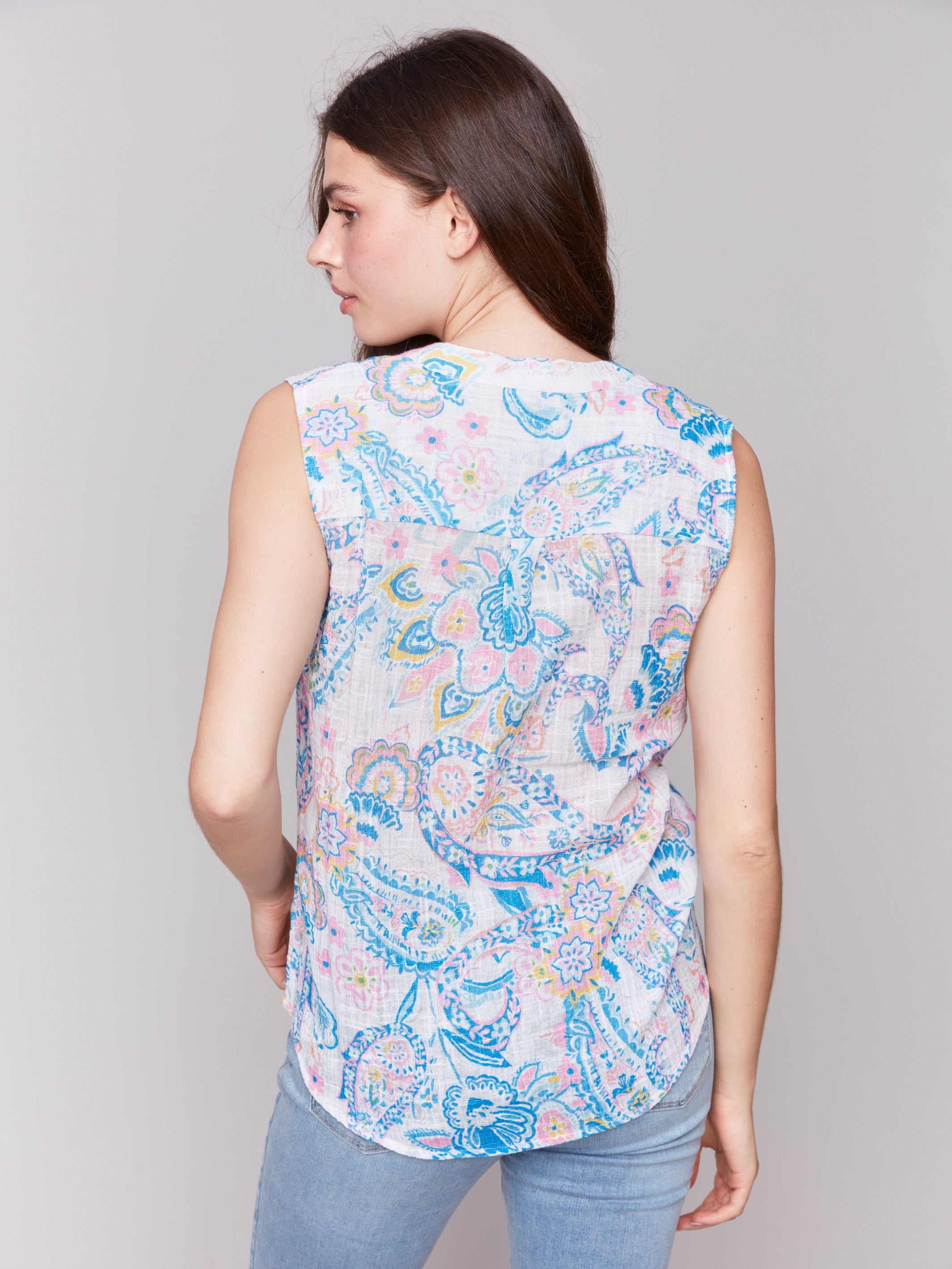 Abstract patterned sleeveless shirt in cotton gauze by Charlie B.