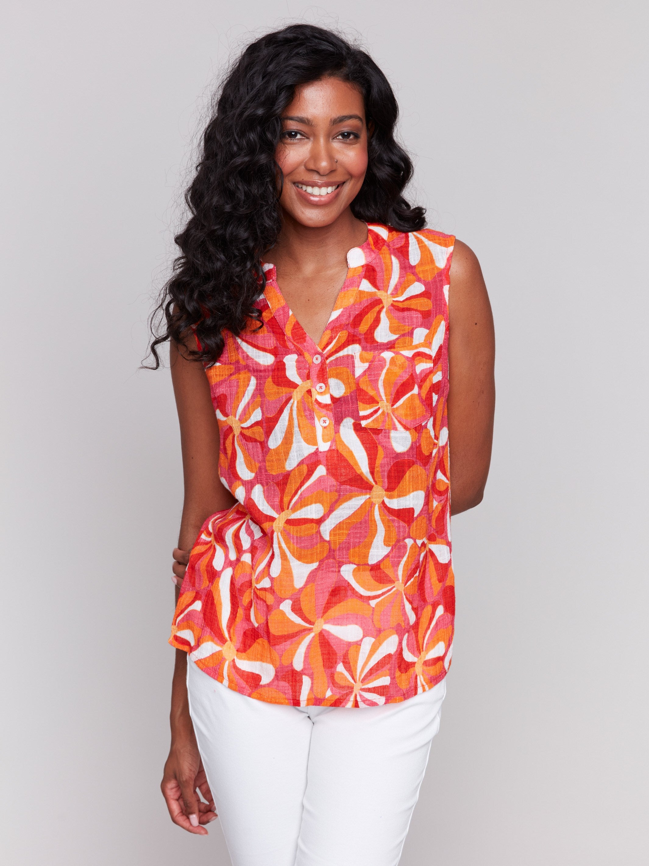V-neck cotton gauze top with an abstract pattern and chest pocket by Charlie B.