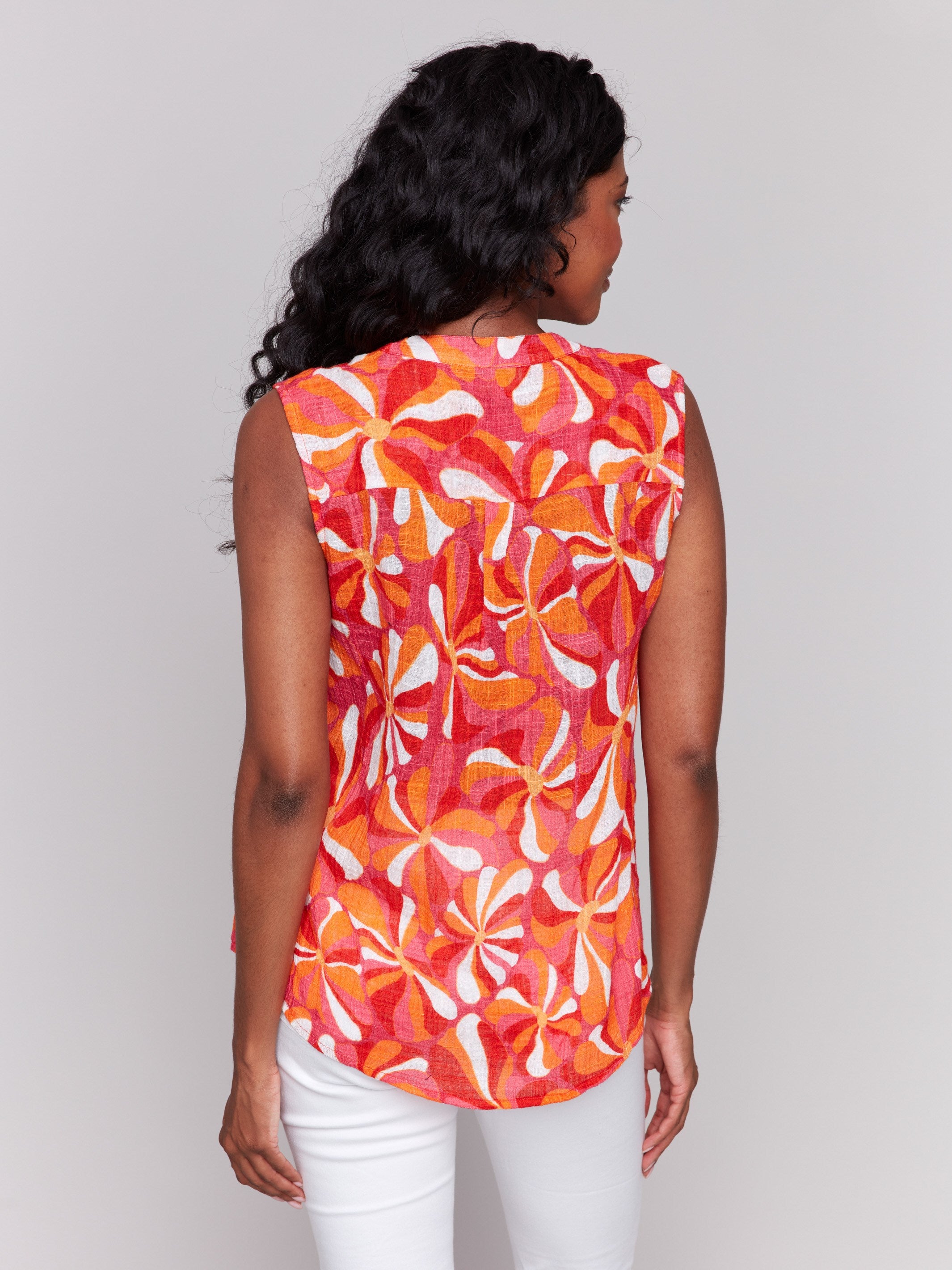 Sleeveless design with an abstract pattern on cotton gauze fabric by Charlie B.
