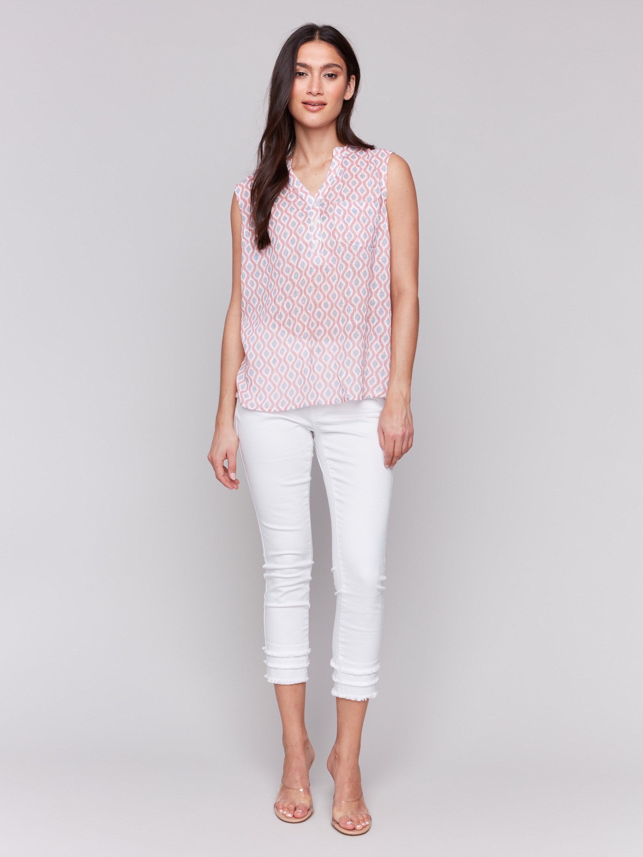 Chest pocket detail on this wave-patterned cotton gauze top by Charlie B.