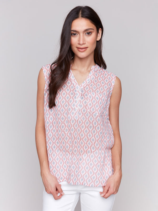 Sleeveless design highlights the comfort of this wave-patterned cotton gauze top by Charlie B.