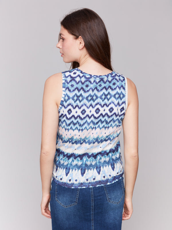 Abstract patterned sleeveless tank top in blue and white by Charlie B.