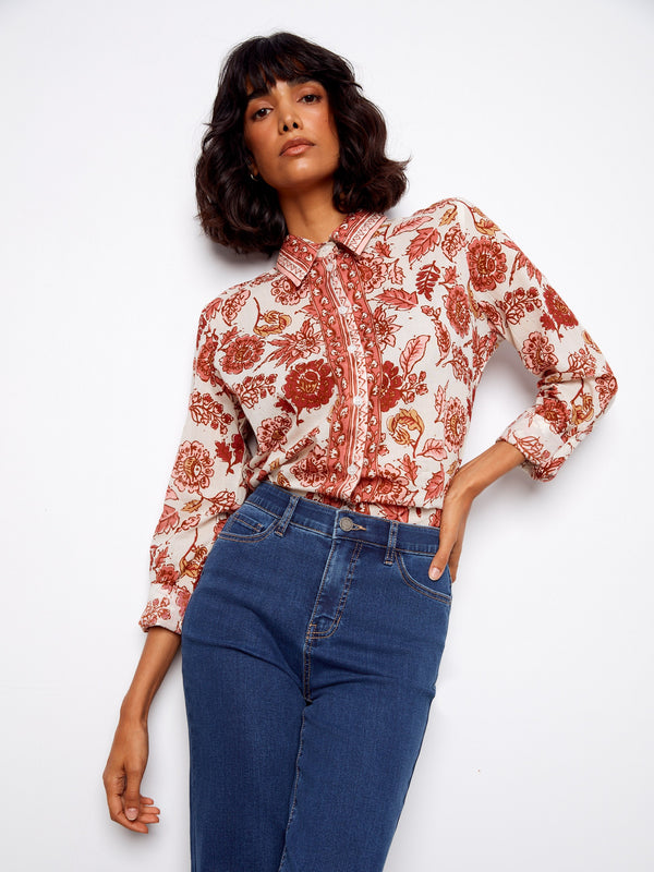 Charming floral print blouse crafted from lightweight cotton, complete with tailored long sleeves by Charlie B.