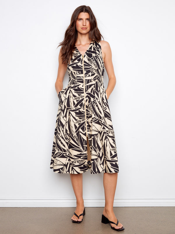 Printed Cotton Voile Front-Zip Midi Dress - Luna