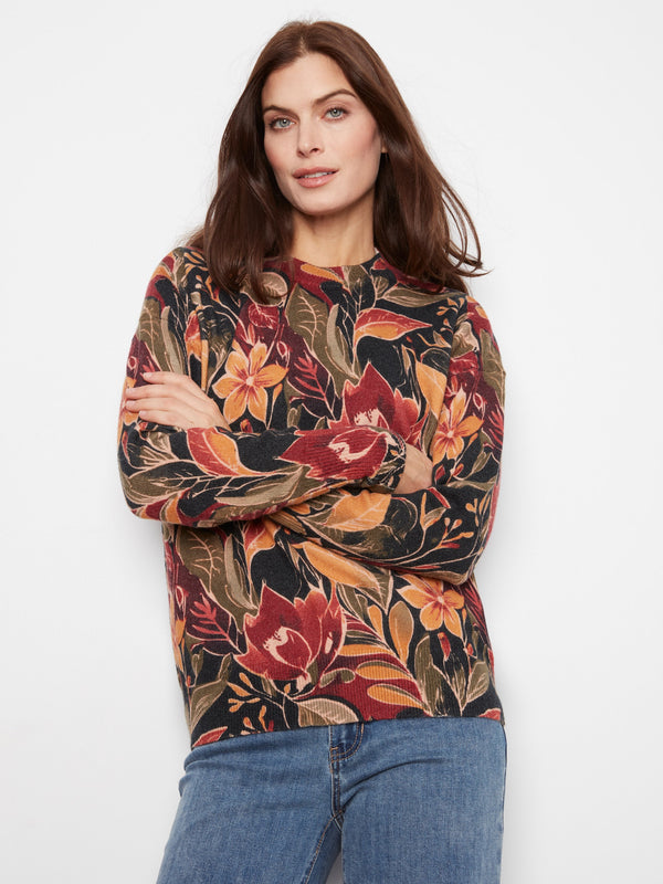 Printed Crew Neck Sweater With Sleeve Zippers - Raven