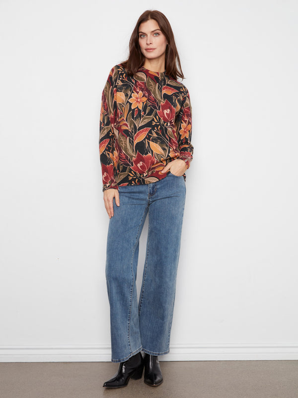 Printed Crew Neck Sweater With Sleeve Zippers - Raven