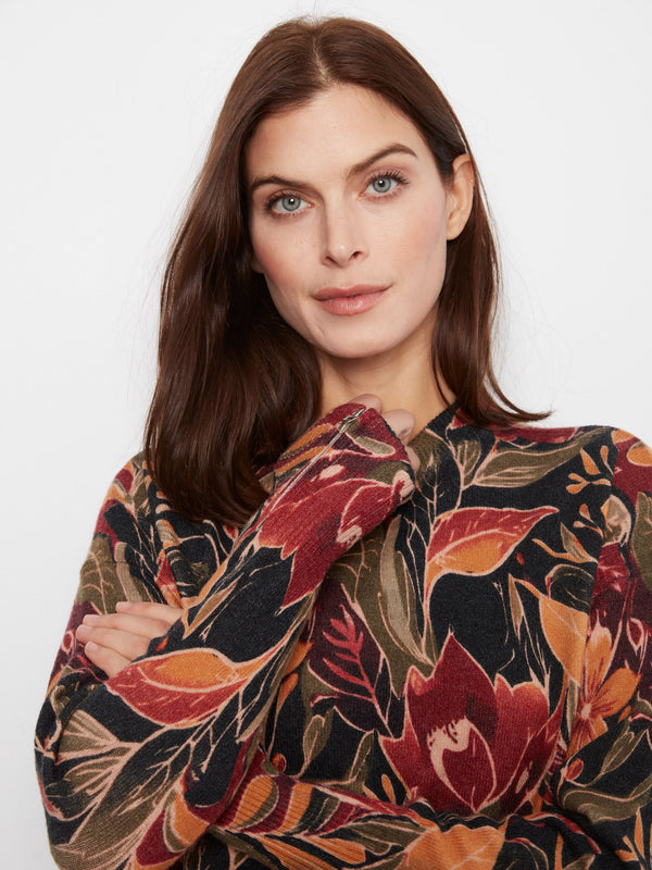 Printed Crew Neck Sweater With Sleeve Zippers - Raven