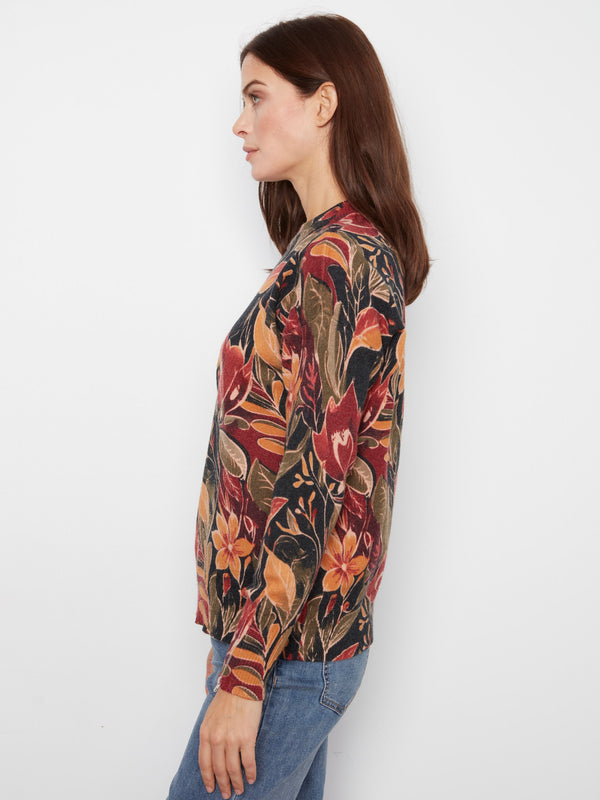 Printed Crew Neck Sweater With Sleeve Zippers - Raven