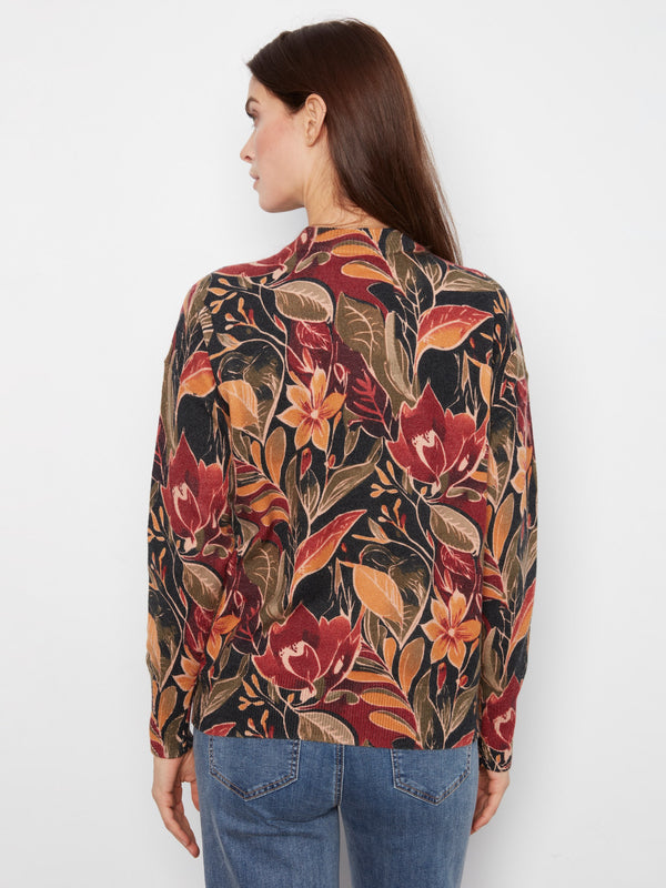 Printed Crew Neck Sweater With Sleeve Zippers - Raven