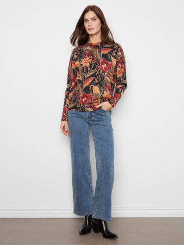 Zippered cuffs enhance the practicality of this beautifully patterned floral sweater from the collection of Charlie B.