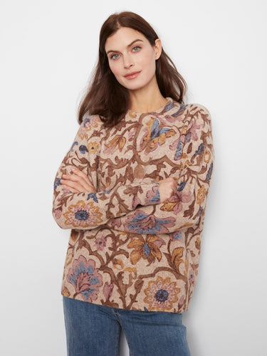 Beige sweater with brown and blue floral print featuring a crew neckline by Charlie B.