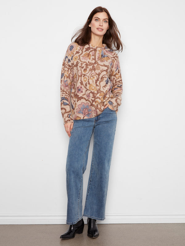 Printed Crew Neck Sweater With Sleeve Zippers - Silhouette