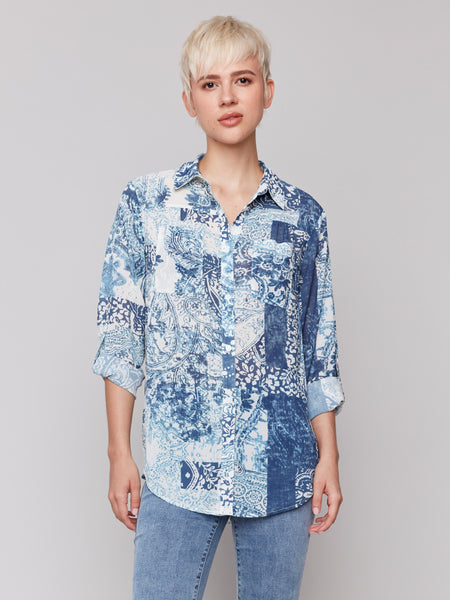 トップス crinkle crinkle crinkle ribbon blouse tuck ribbon stripe blouse｜BLUE