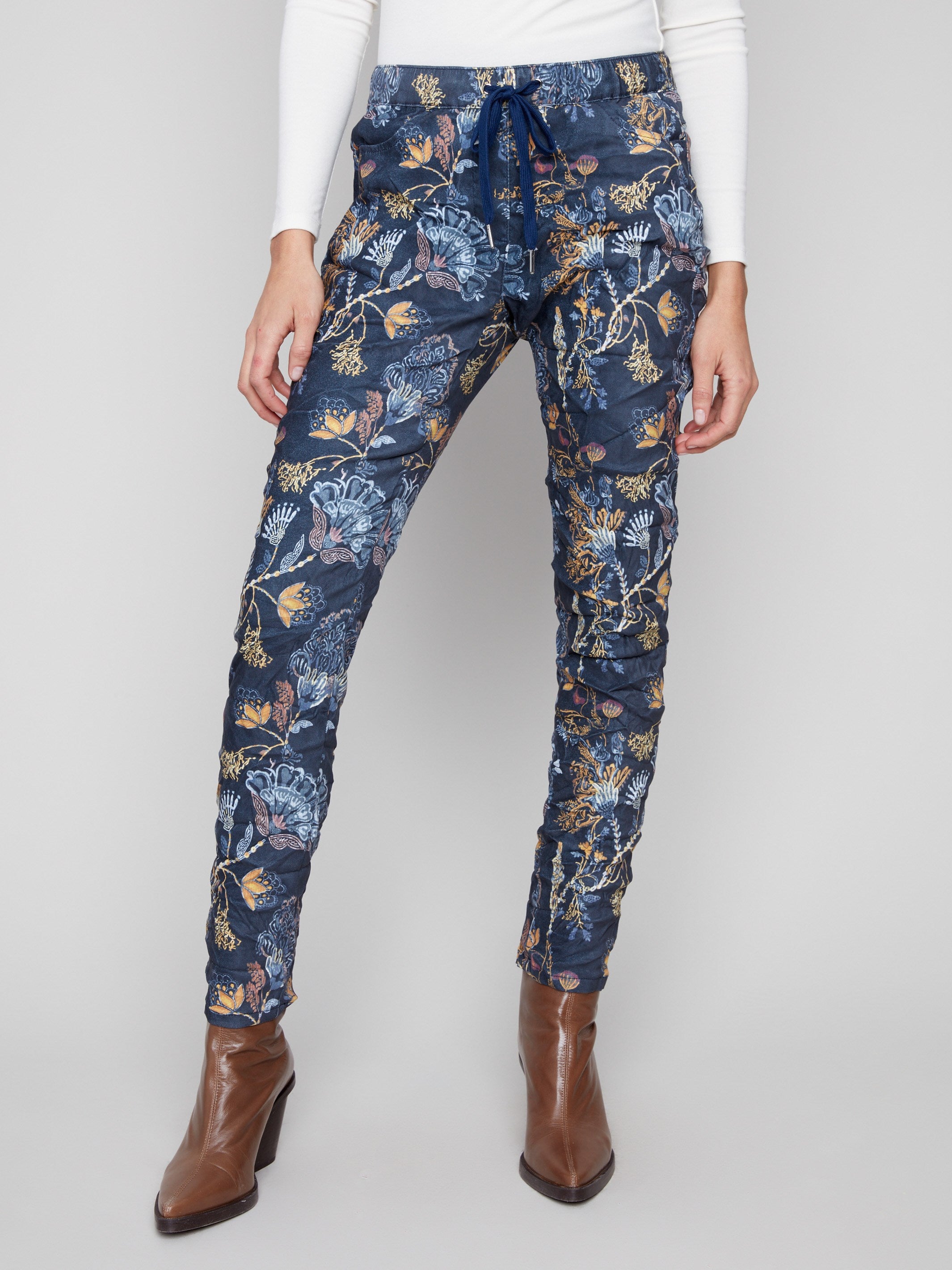 Stretch fabric jogger pants with a bohemian crinkle effect and elastic waistband, perfect for casual wear by Charlie B.
