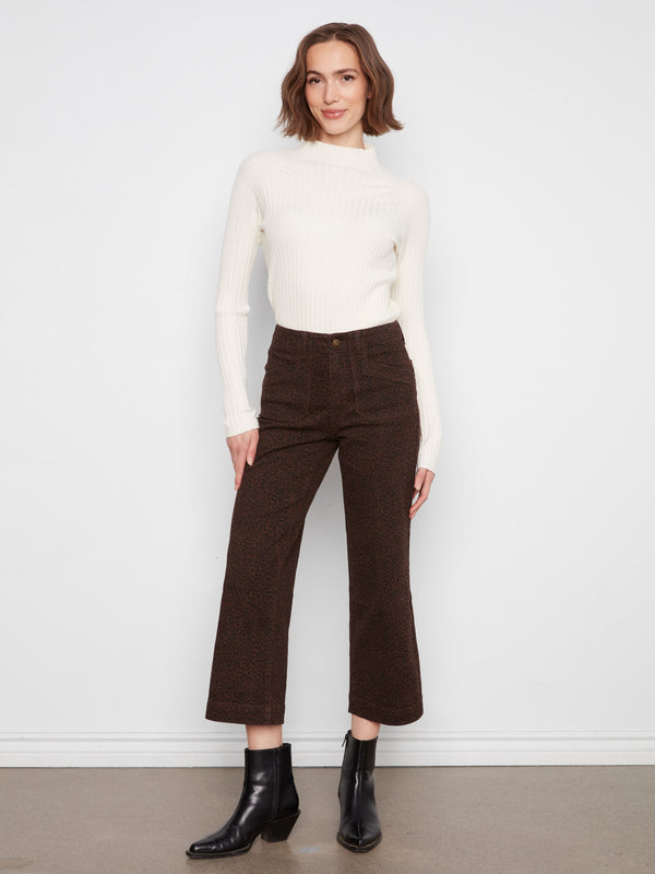 Printed Cropped Wide Leg Stretch Twill Pants - Leopard
