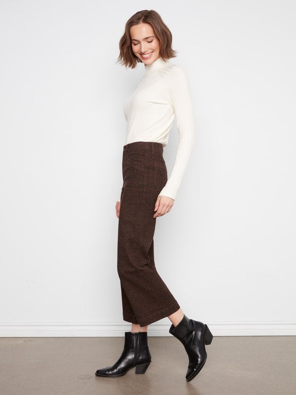 Printed Cropped Wide Leg Stretch Twill Pants - Leopard