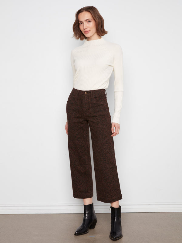 Printed Cropped Wide Leg Stretch Twill Pants - Leopard