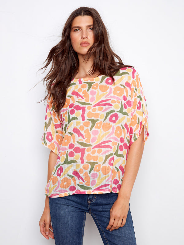 Printed Dolman Cotton Blend Blouse - Sunburst