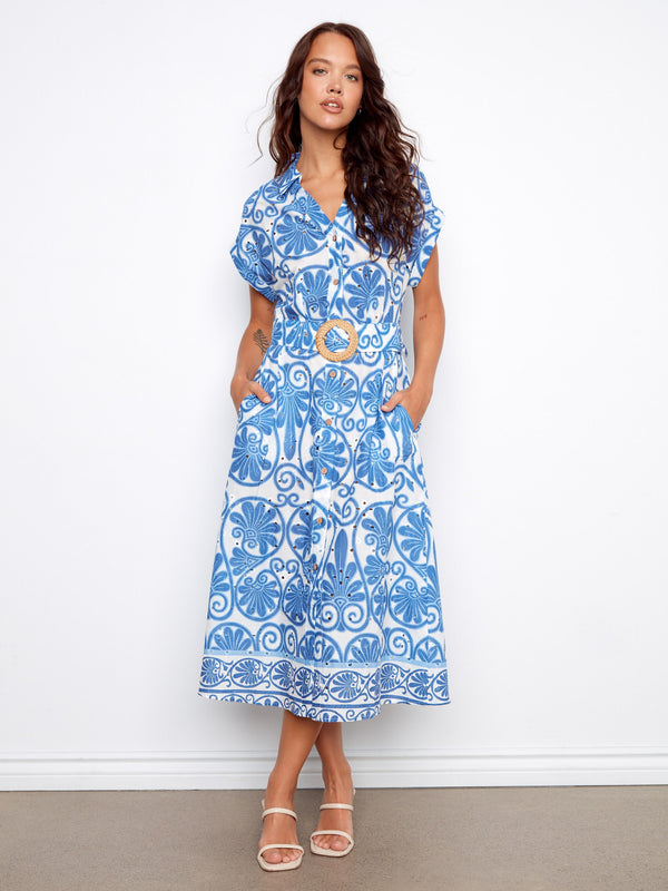 Blue and white dress with hidden pockets, featuring dolman sleeves and a stylish belt for a chic look by Charlie B.