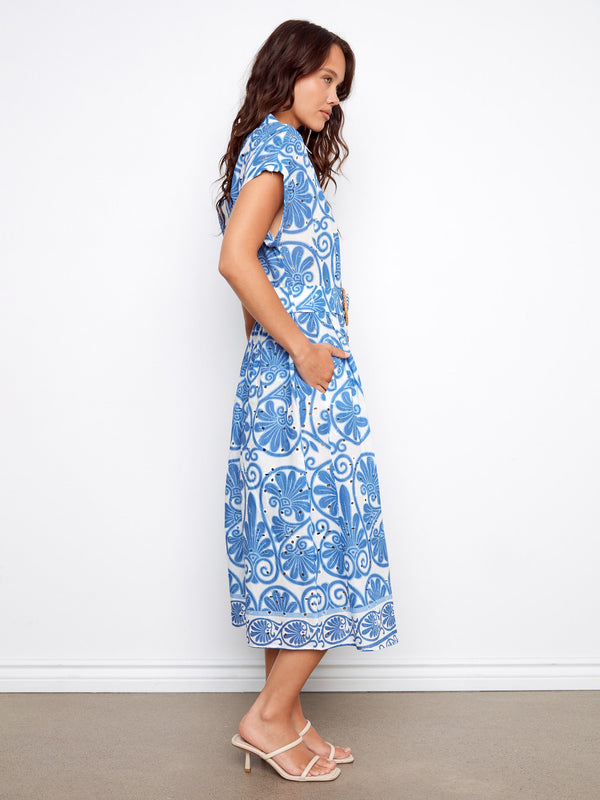 Elegant eyelet cotton dress with front button closure, offering a relaxed fit and timeless style by Charlie B.