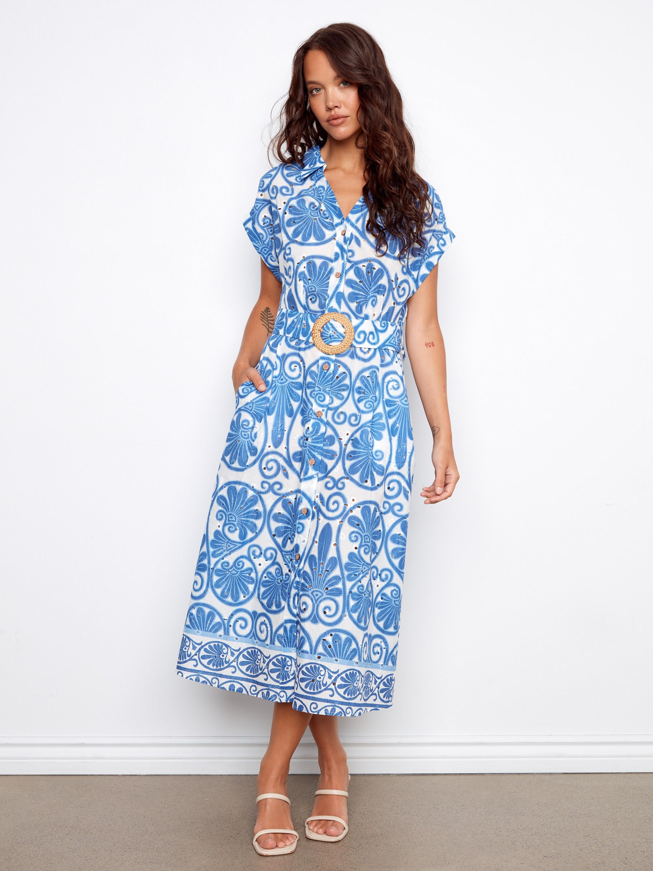 Printed Eyelet Cotton Dress With Belt