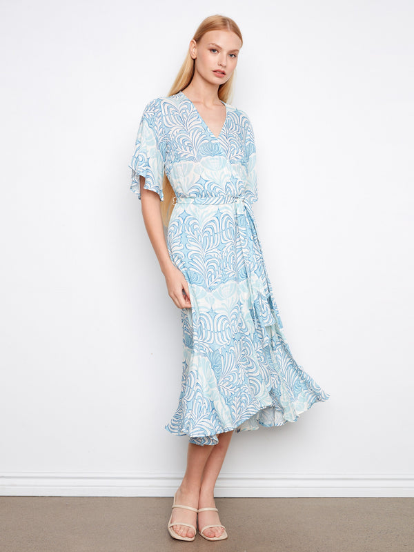 Light blue dress with a V-neck and flutter elbow sleeves, featuring a self-tie belt for added style by Charlie B.